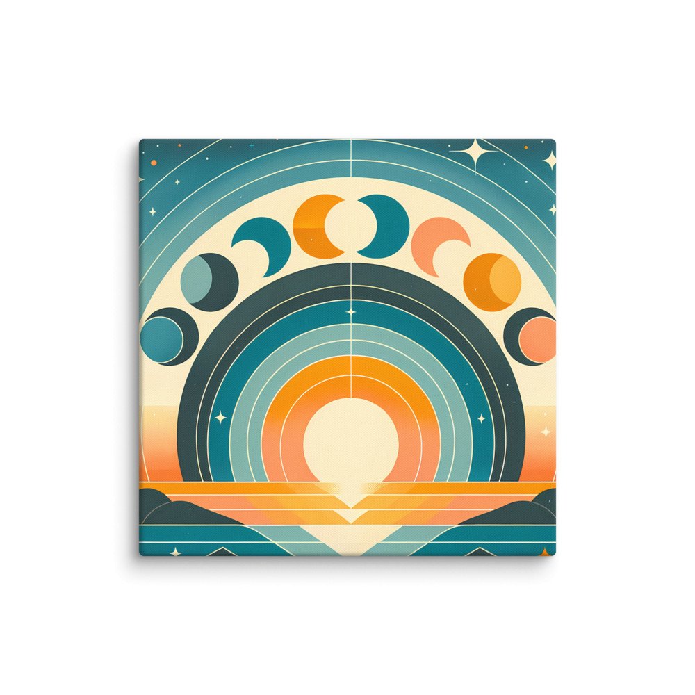 Geometric Moon Phases Over Retro Sunrise