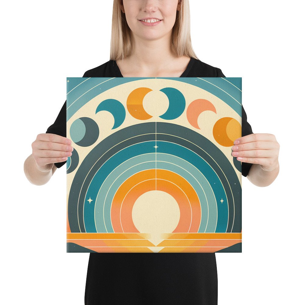 Geometric Moon Phases Over Retro Sunrise