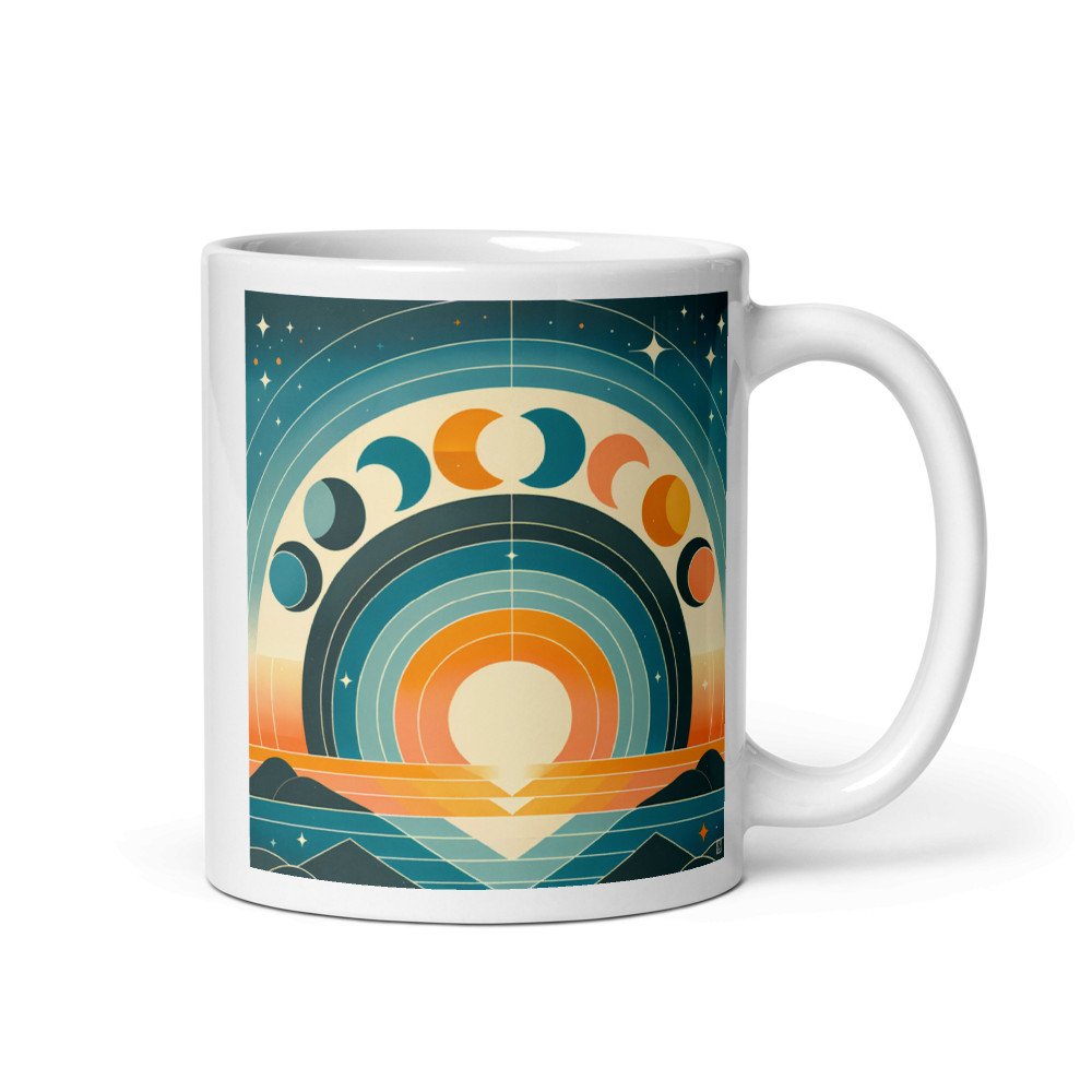 Geometric Moon Phases Over Retro Sunrise