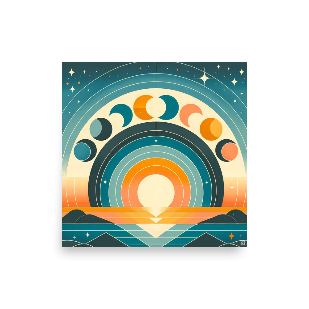 Geometric Moon Phases Over Retro Sunrise