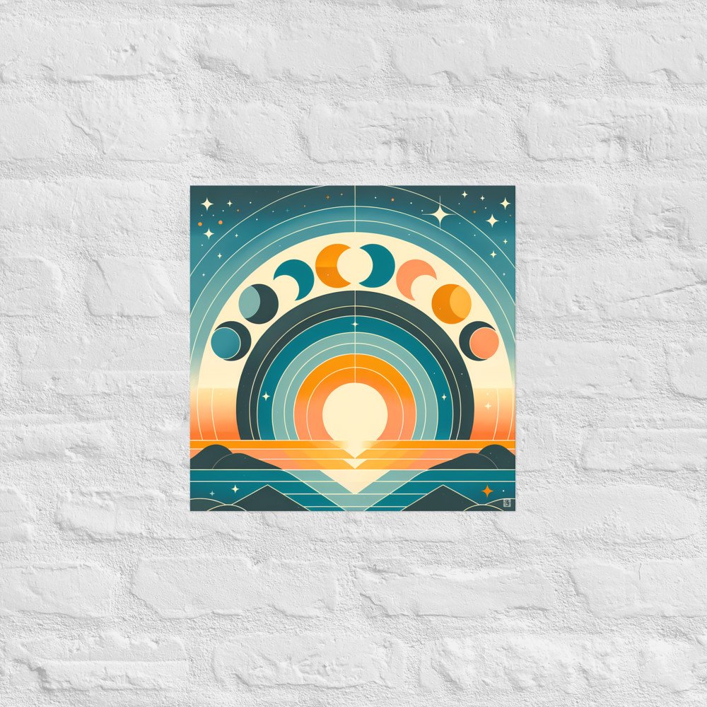 Geometric Moon Phases Over Retro Sunrise