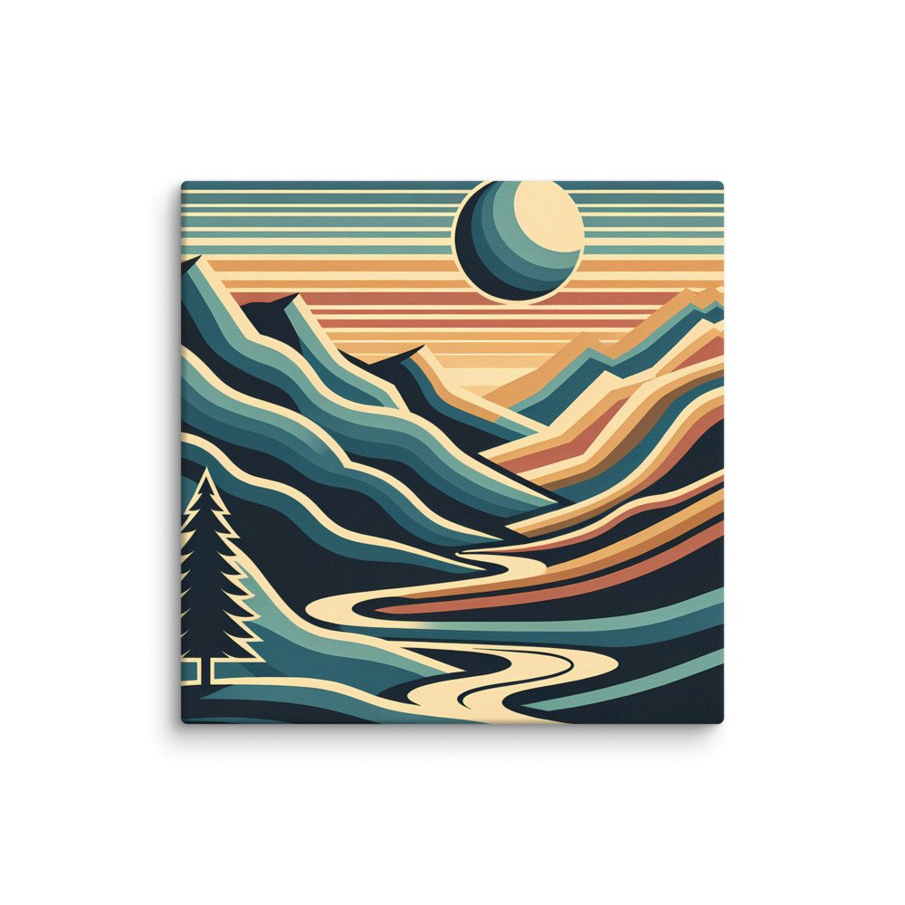 Geometric Mountain Valley with Sun and River