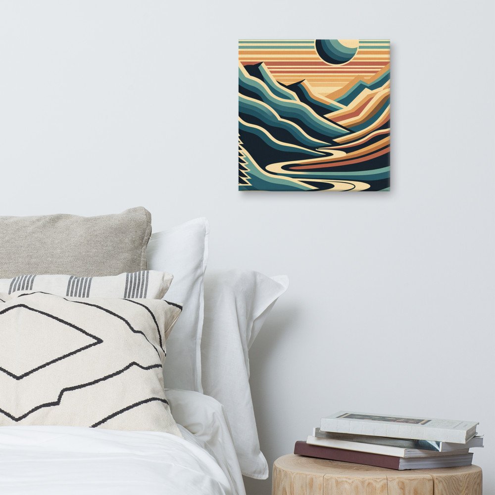 Geometric Mountain Valley with Sun and River