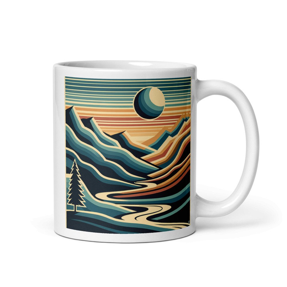 Geometric Mountain Valley with Sun and River