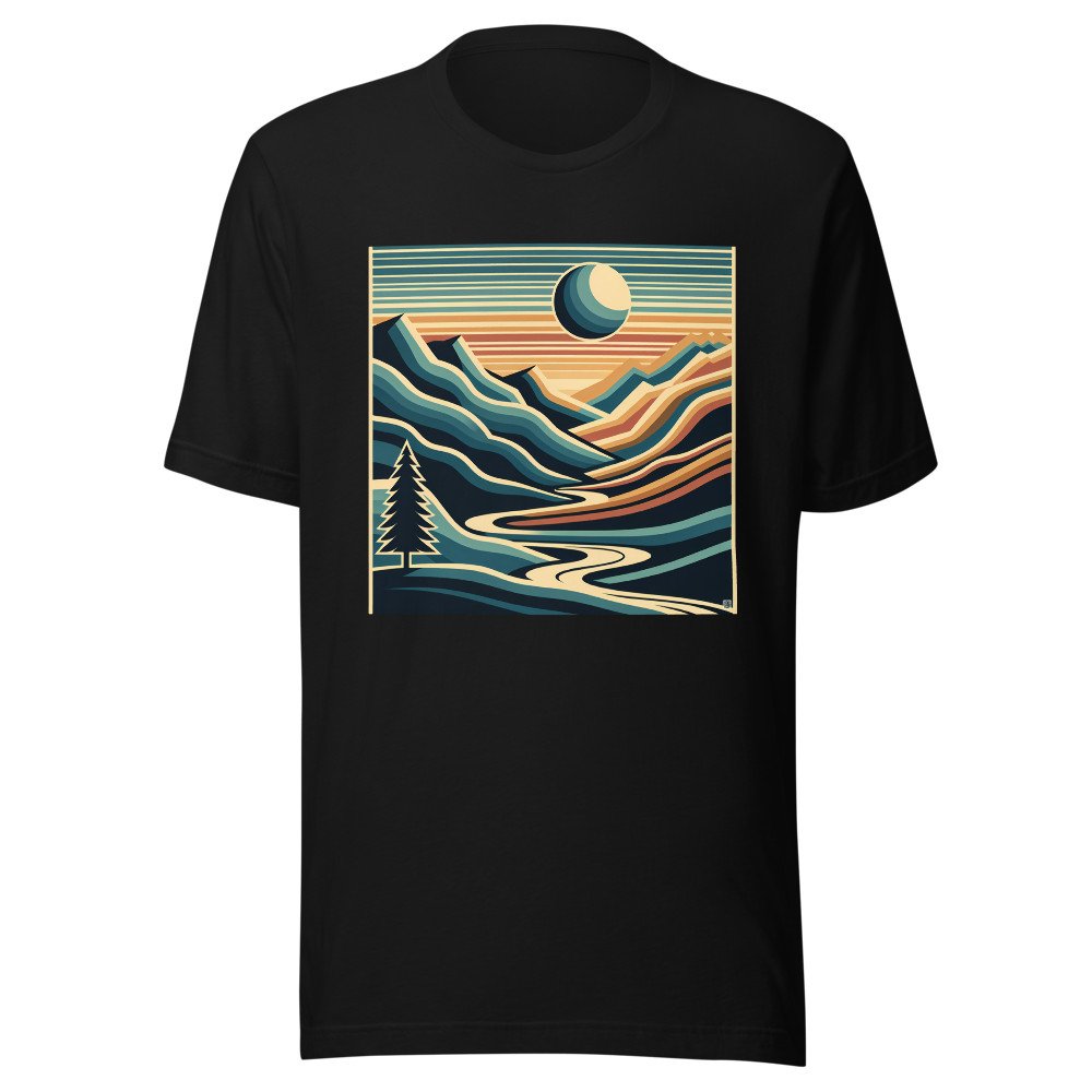 Geometric Mountain Valley with Sun and River