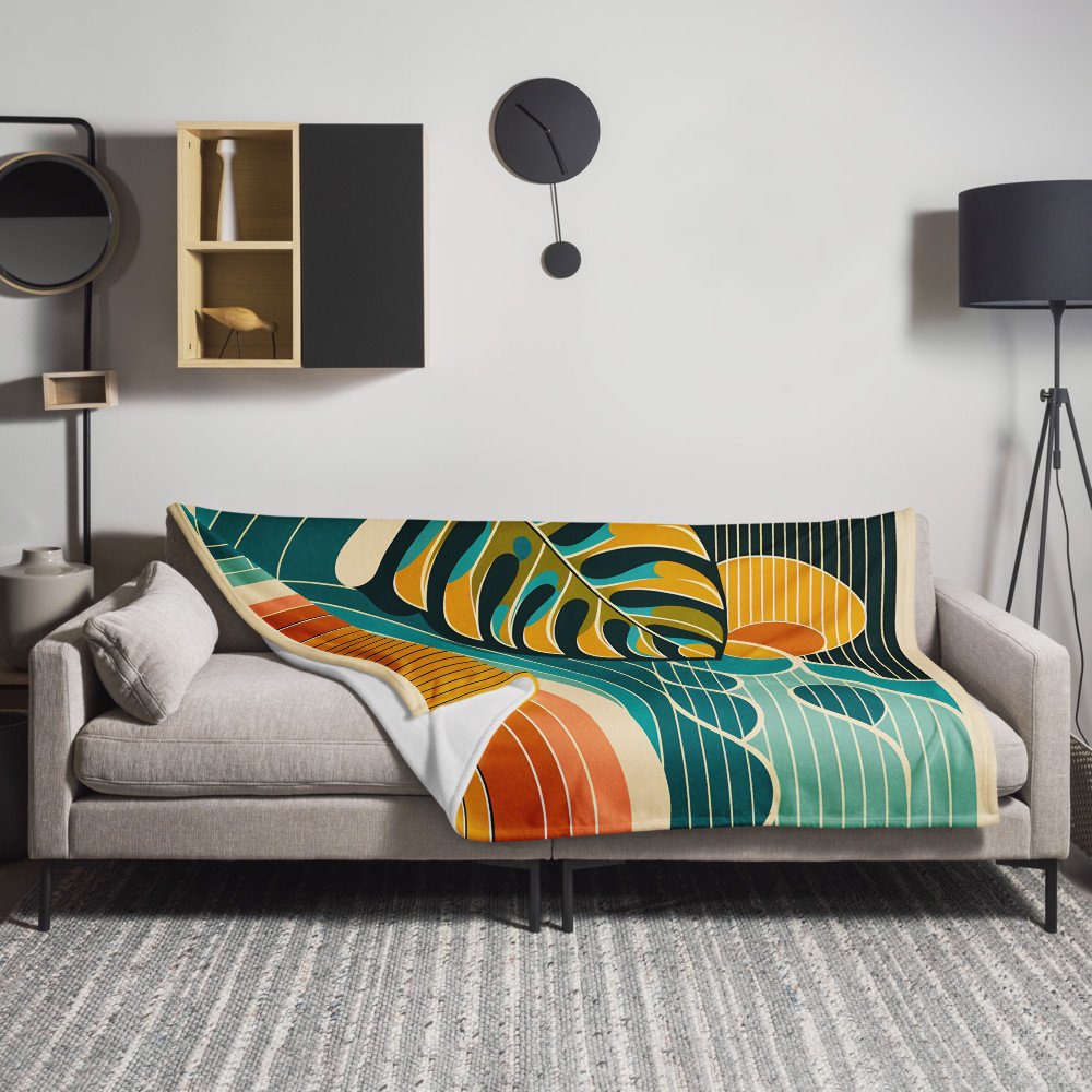 Abstract Botanical Leaf and Hibiscus Sunset — Throw Blanket