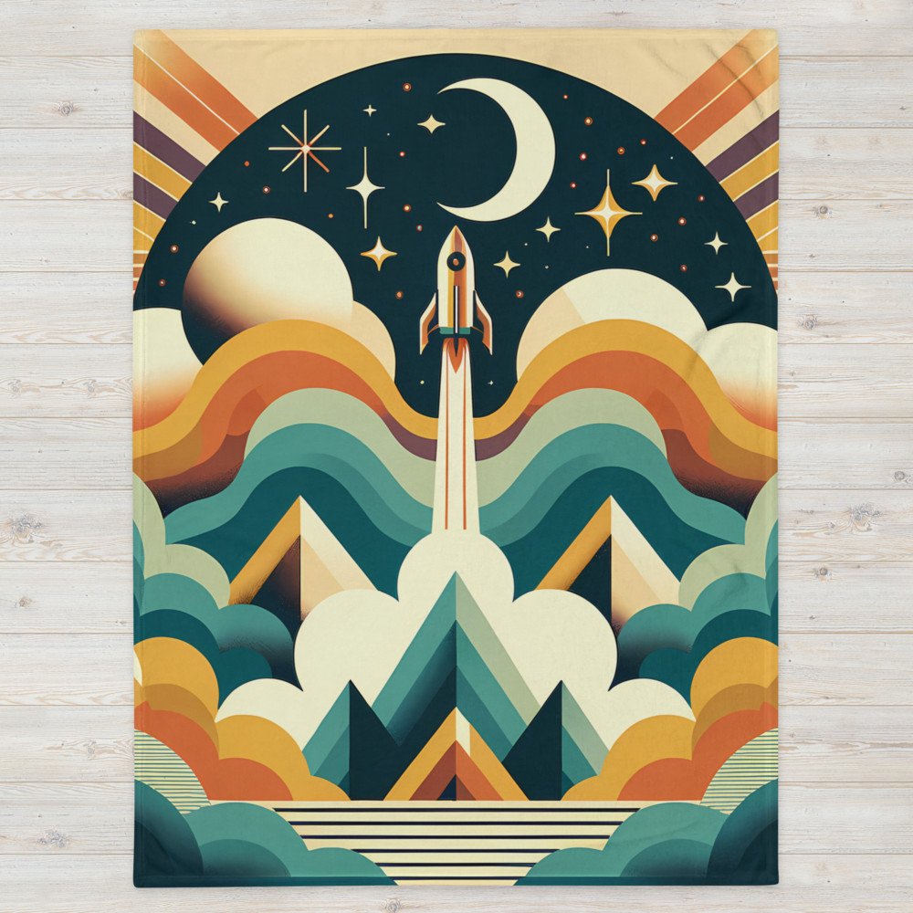 Retro Rocket Launch Over Mountains and Stars