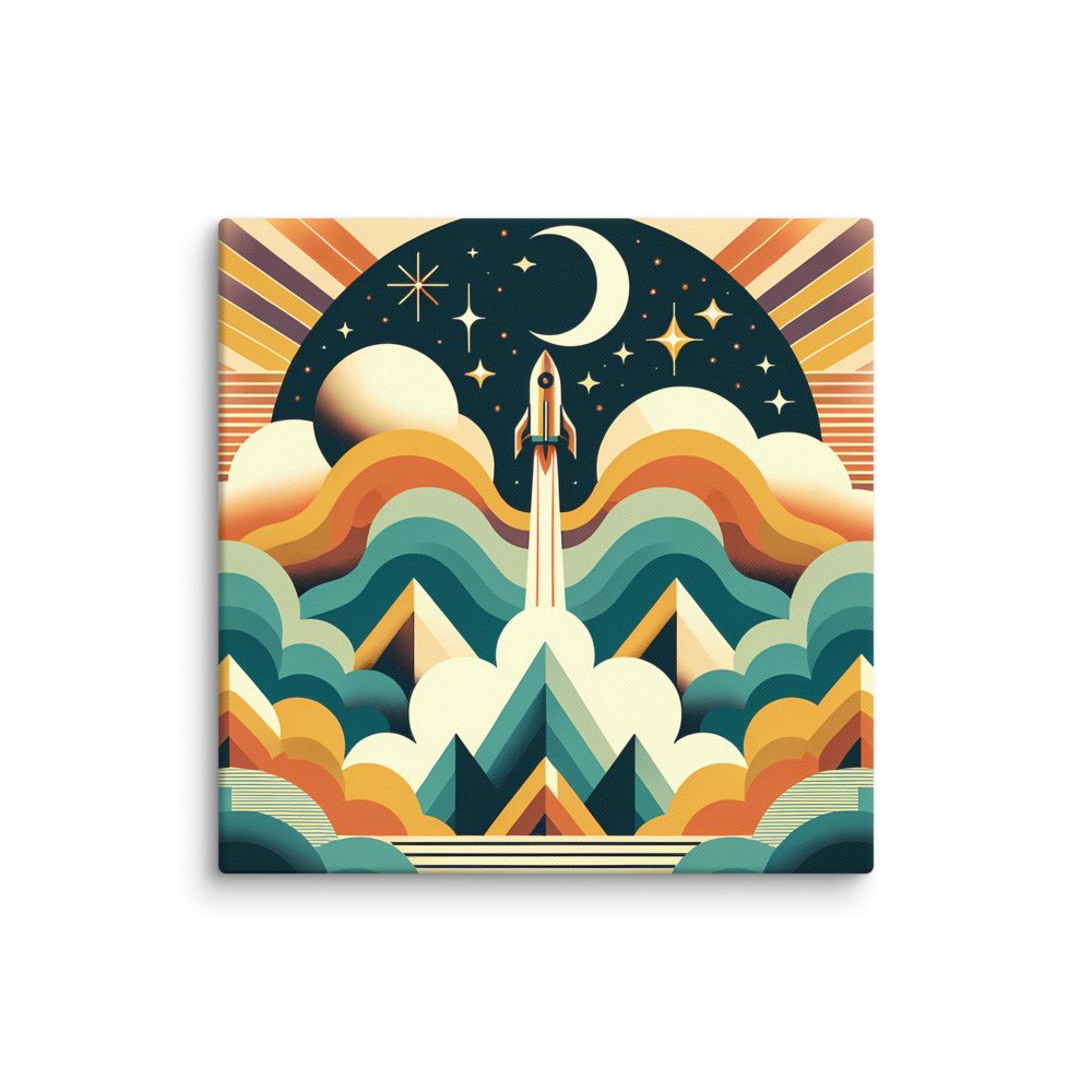 Retro Rocket Launch Over Mountains and Stars