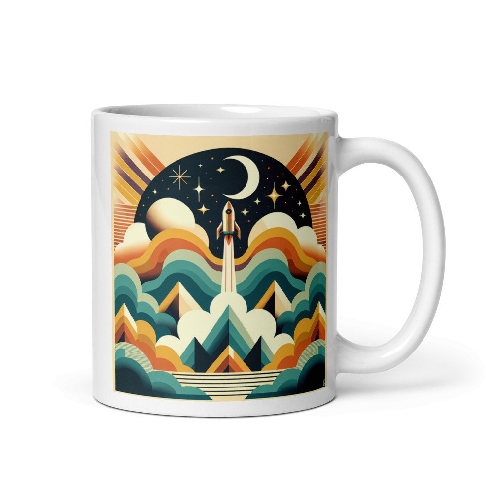 Retro Rocket Launch Over Mountains and Stars