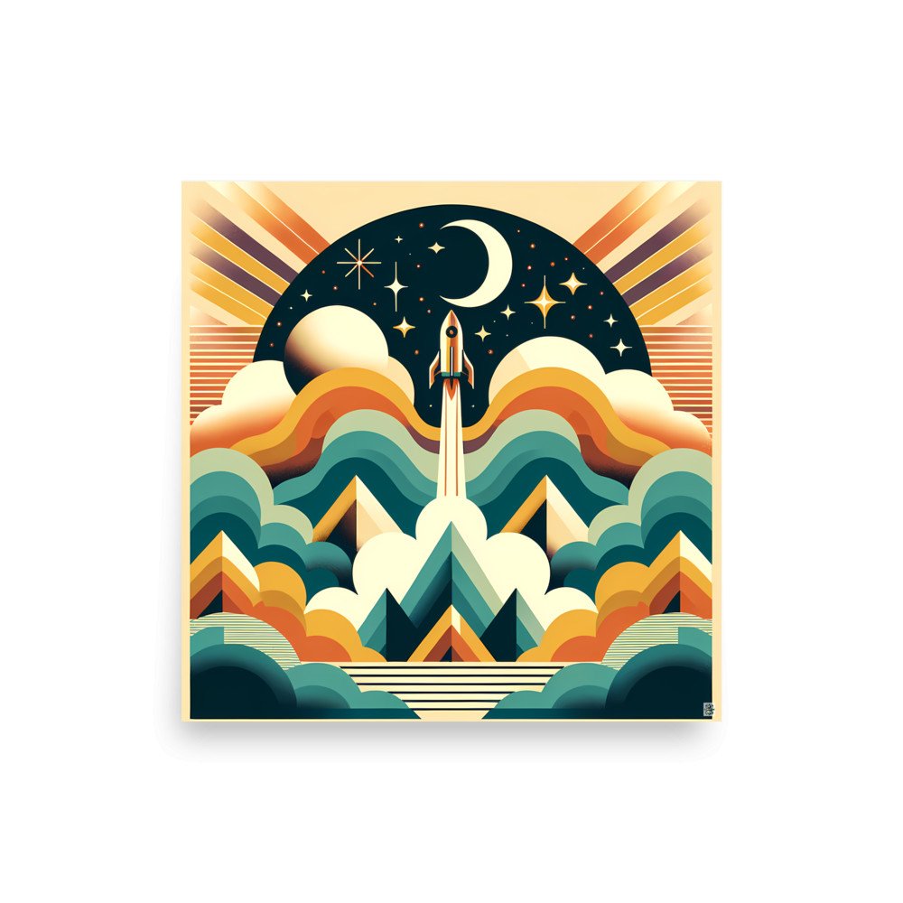 Retro Rocket Launch Over Mountains and Stars