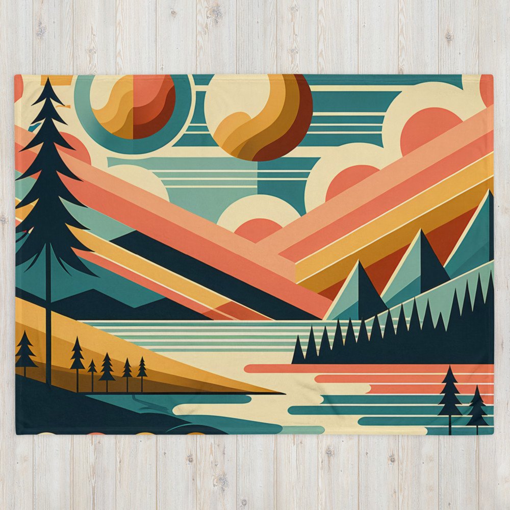 Geometric Mountains and Sun Over Lake