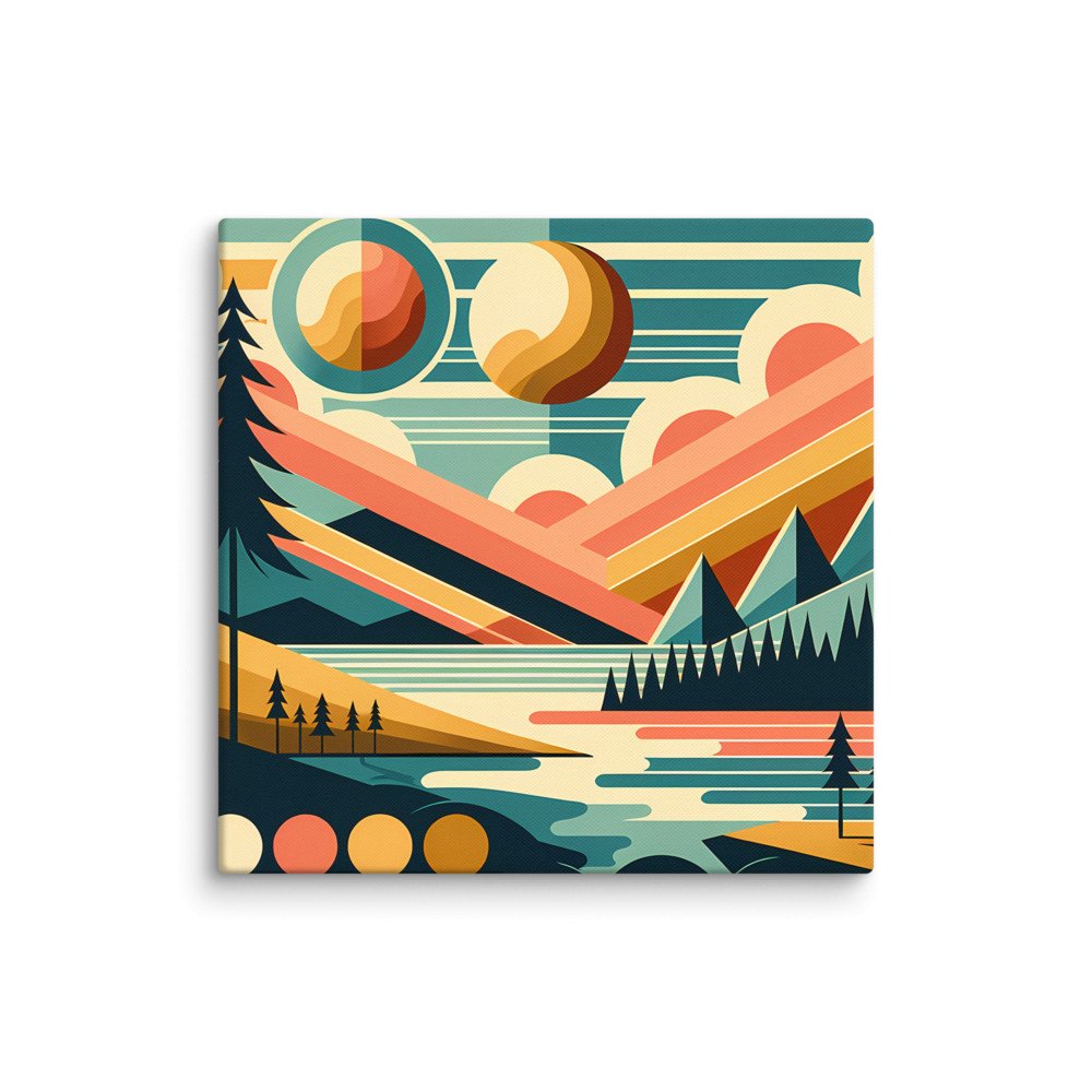 Geometric Mountains and Sun Over Lake