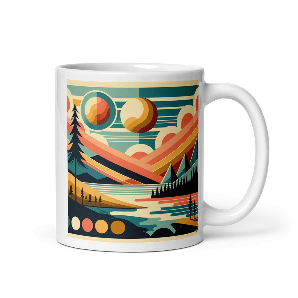 Geometric Mountains and Sun Over Lake