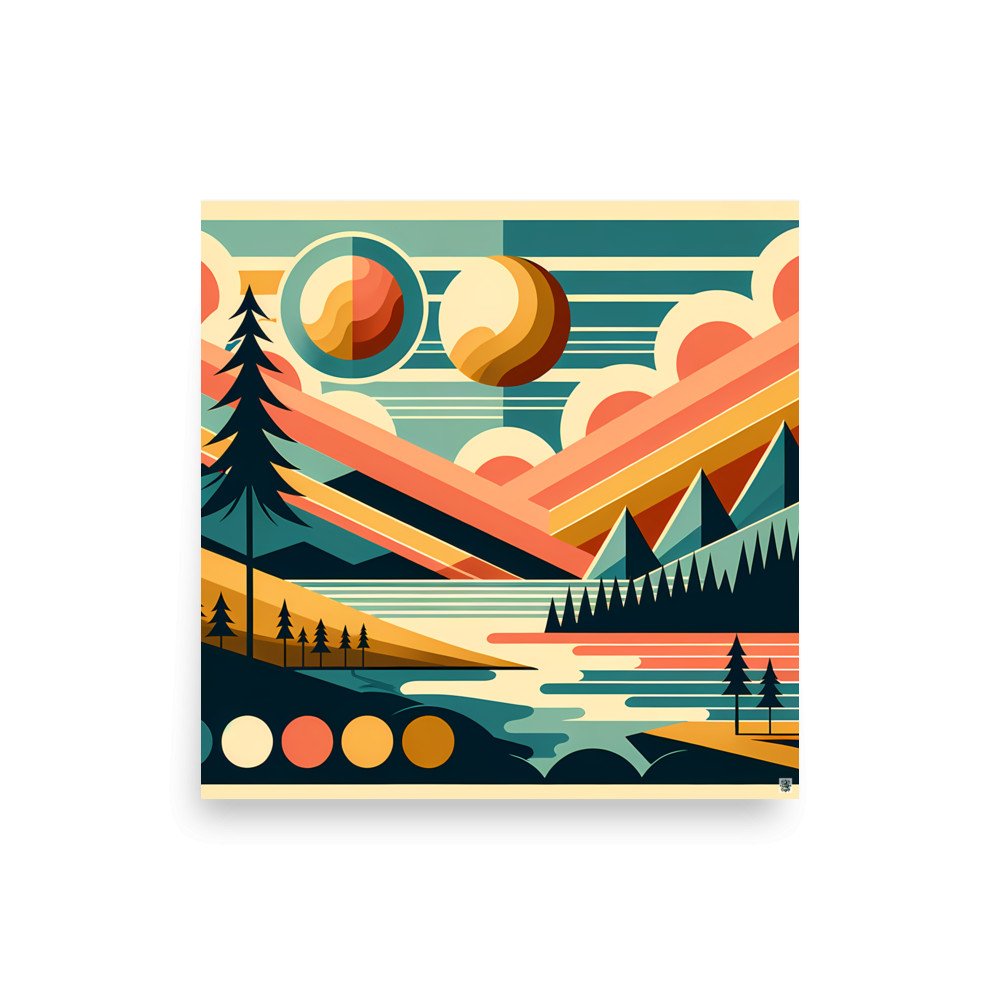 Geometric Mountains and Sun Over Lake