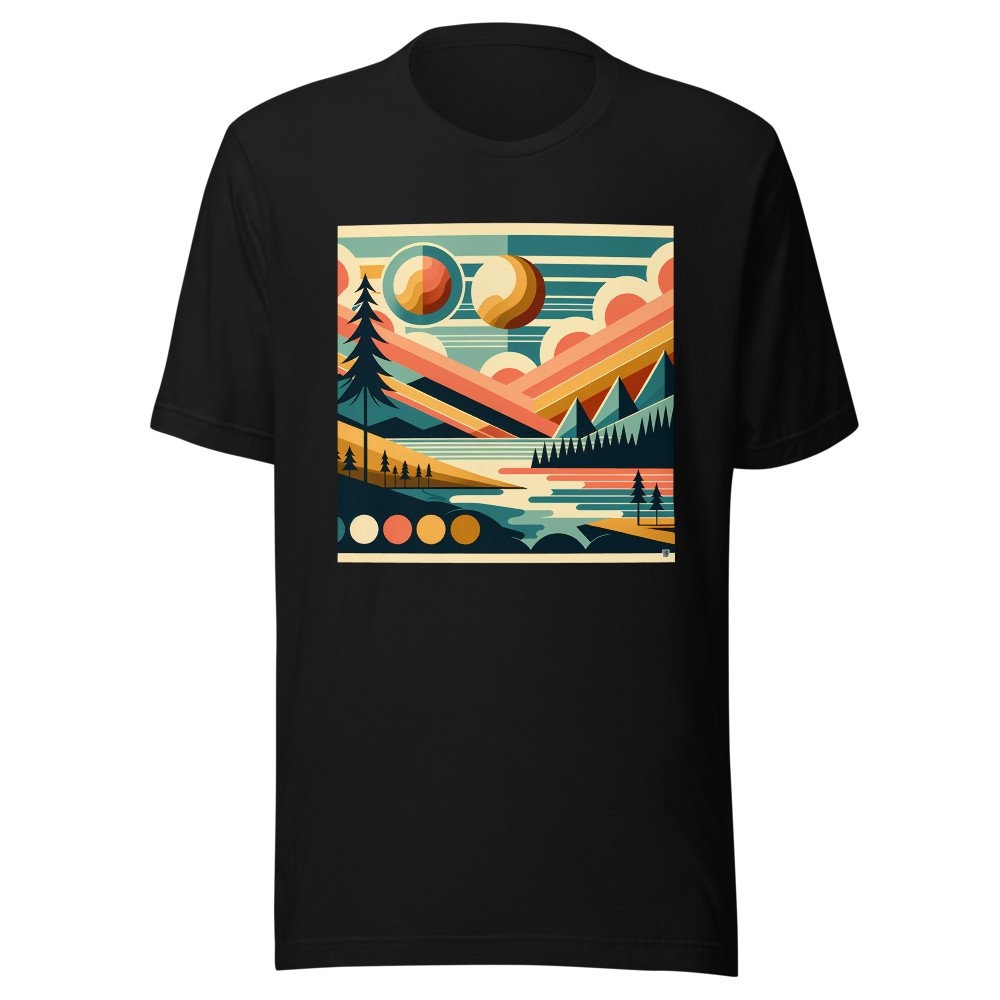 Geometric Mountains and Sun Over Lake