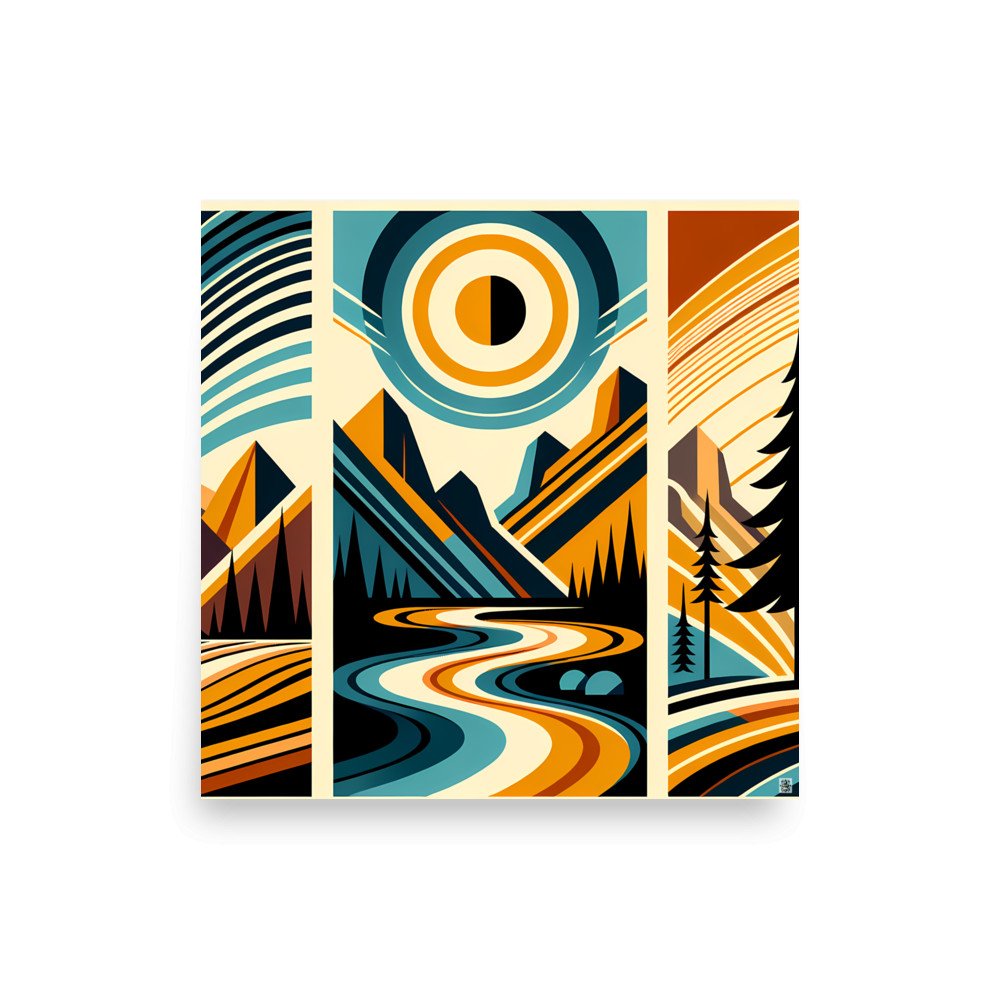 Geometric Mountain River Under Sun