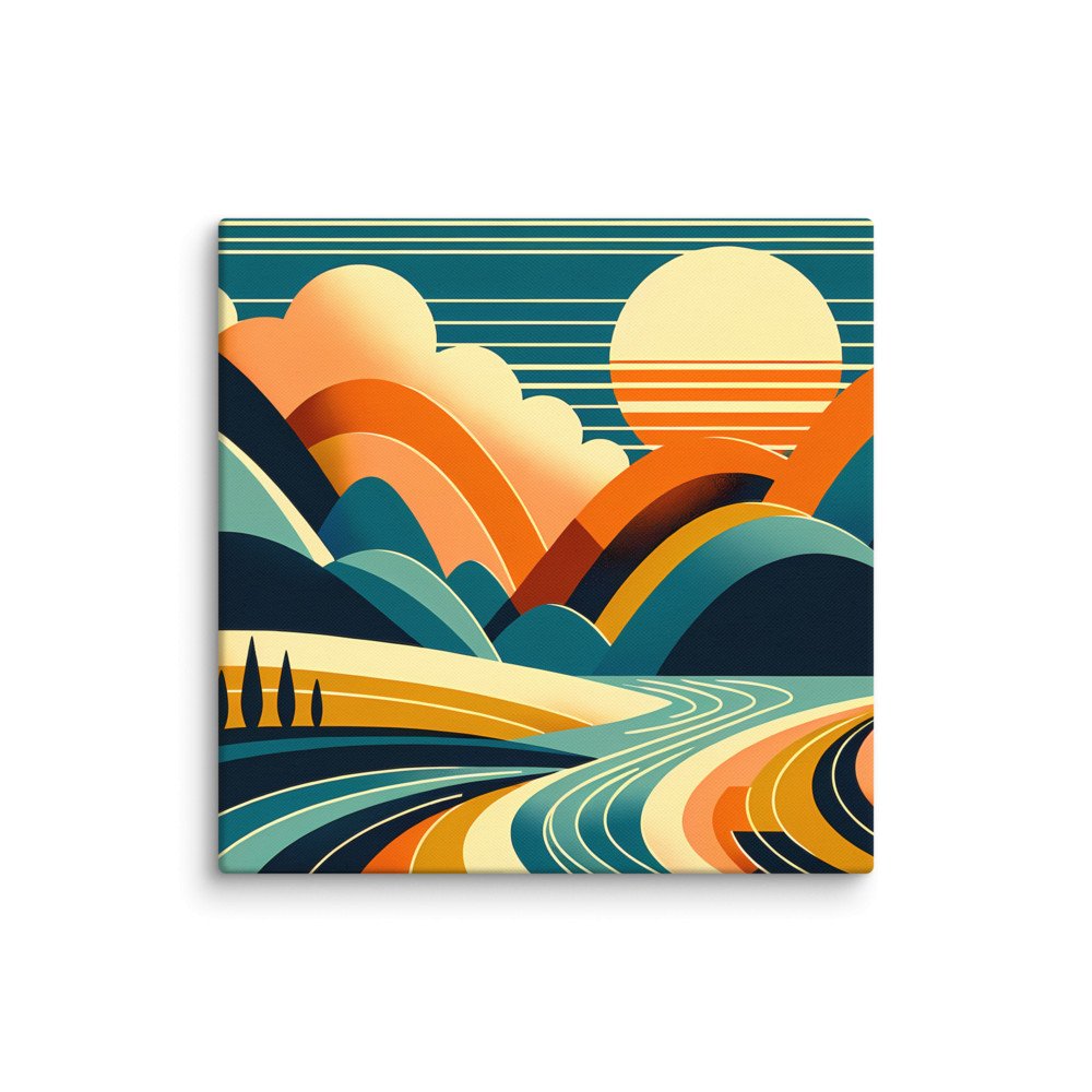 Geometric Sun Over Layered Mountains