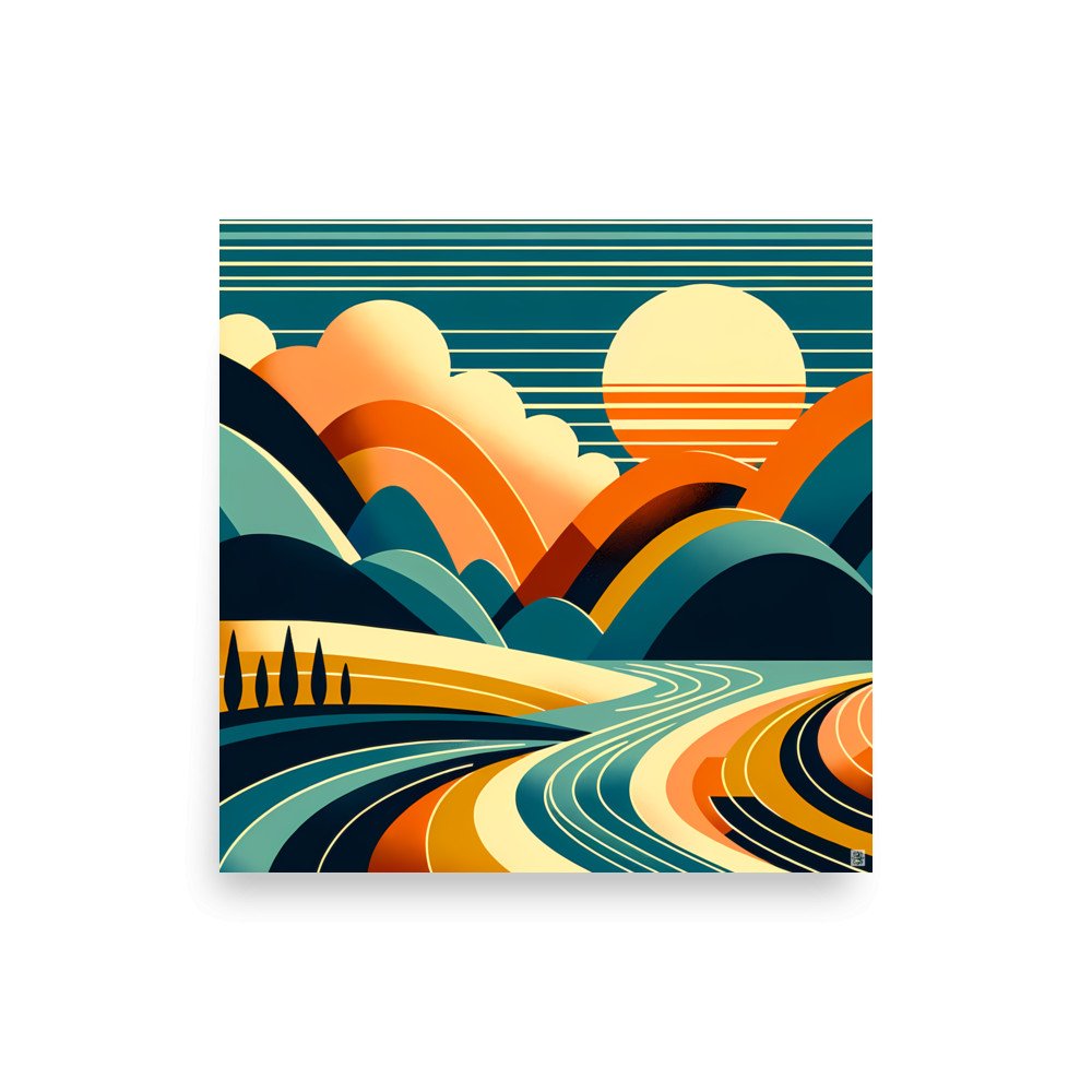 Geometric Sun Over Layered Mountains