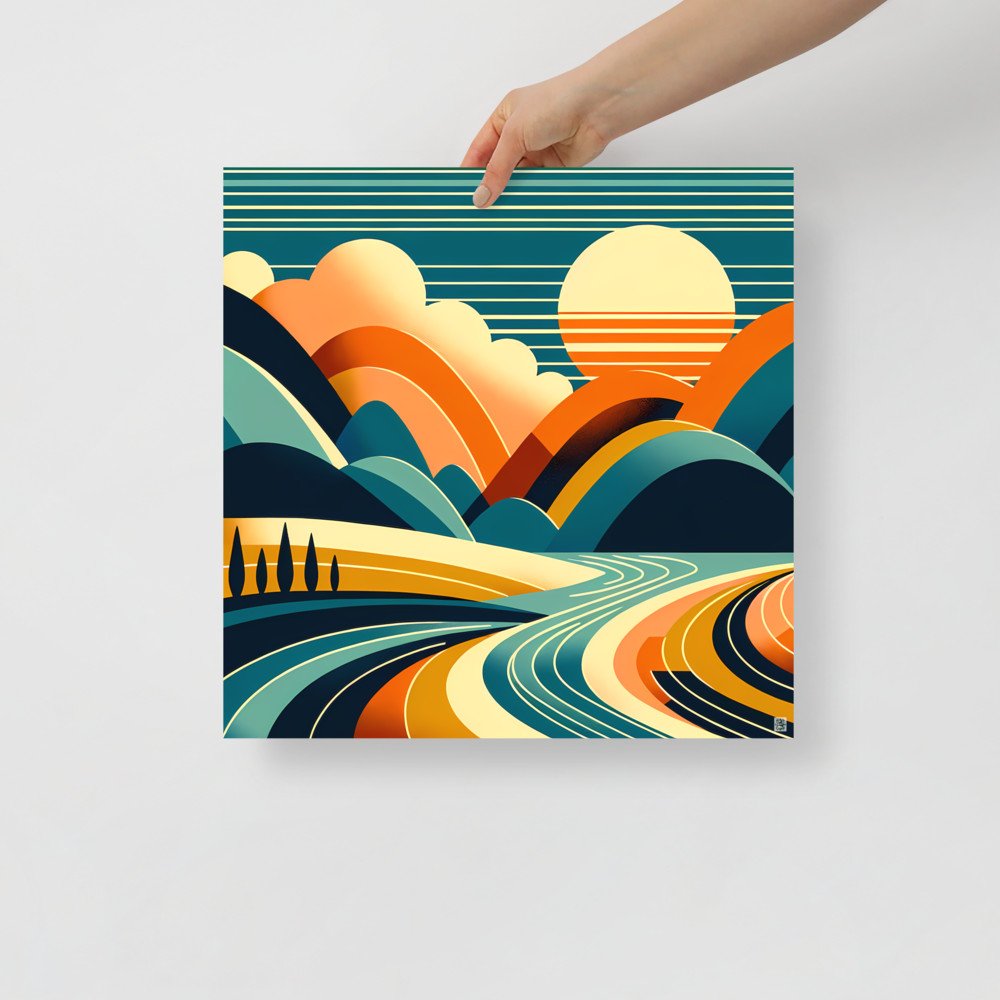 Geometric Sun Over Layered Mountains