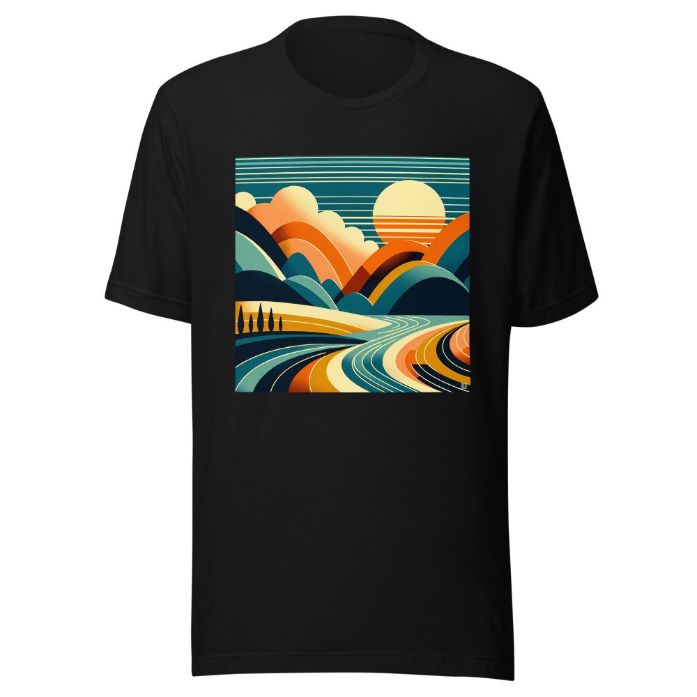 Geometric Sun Over Layered Mountains