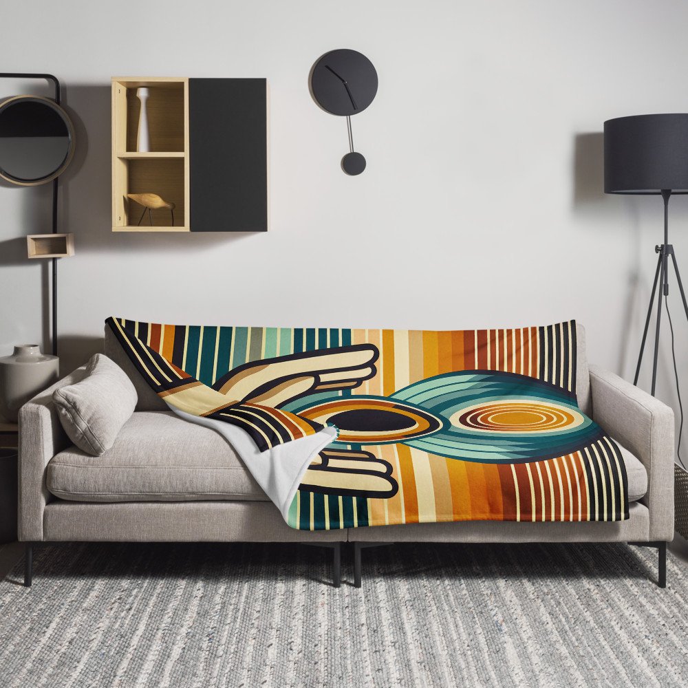 Retro Geometric Hands Holding Sun and Moon — Throw Blanket