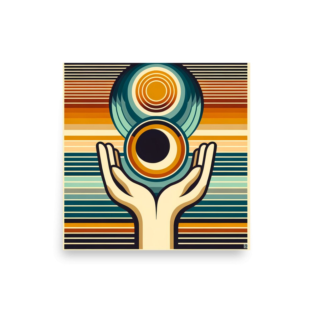 Retro Geometric Hands Holding Sun and Moon