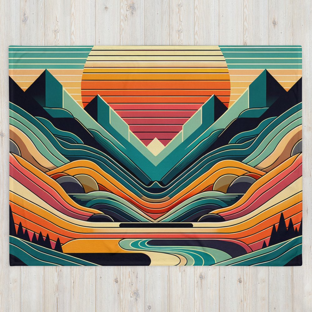 Geometric Mountains Sunset with Layered Valley Lines