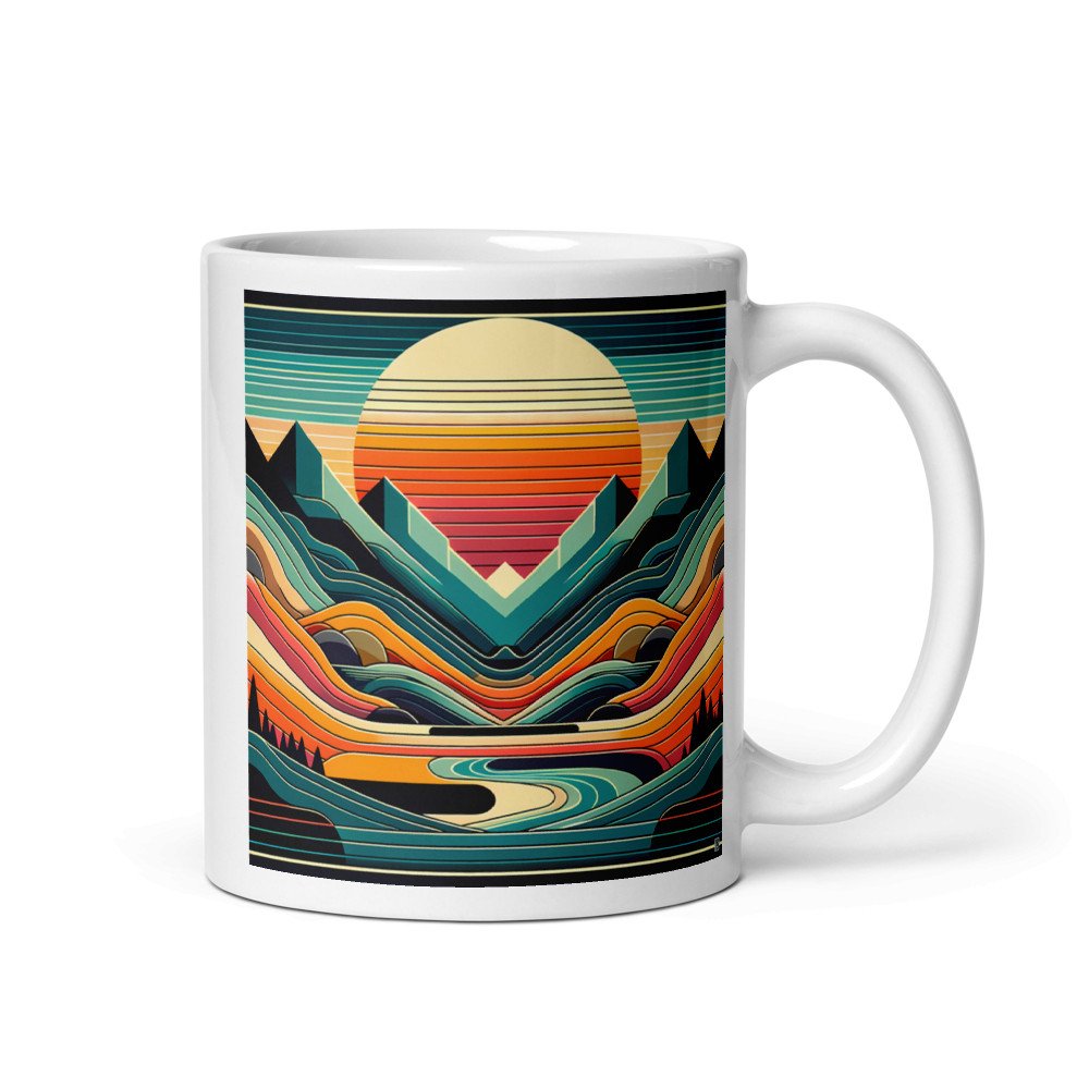 Geometric Mountains Sunset with Layered Valley Lines