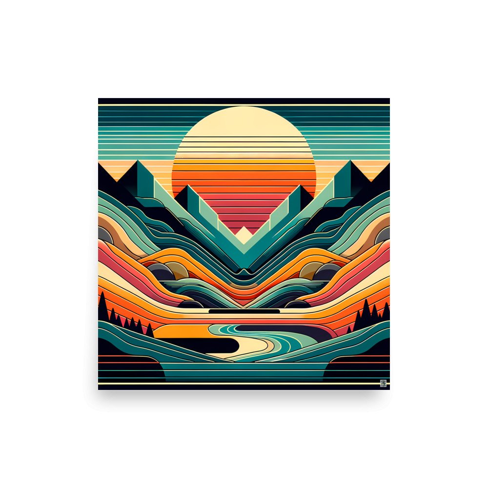 Geometric Mountains Sunset with Layered Valley Lines
