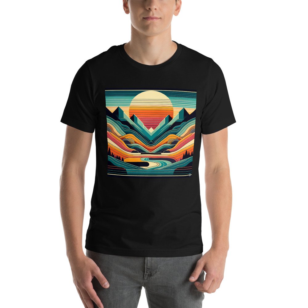 Geometric Mountains Sunset with Layered Valley Lines