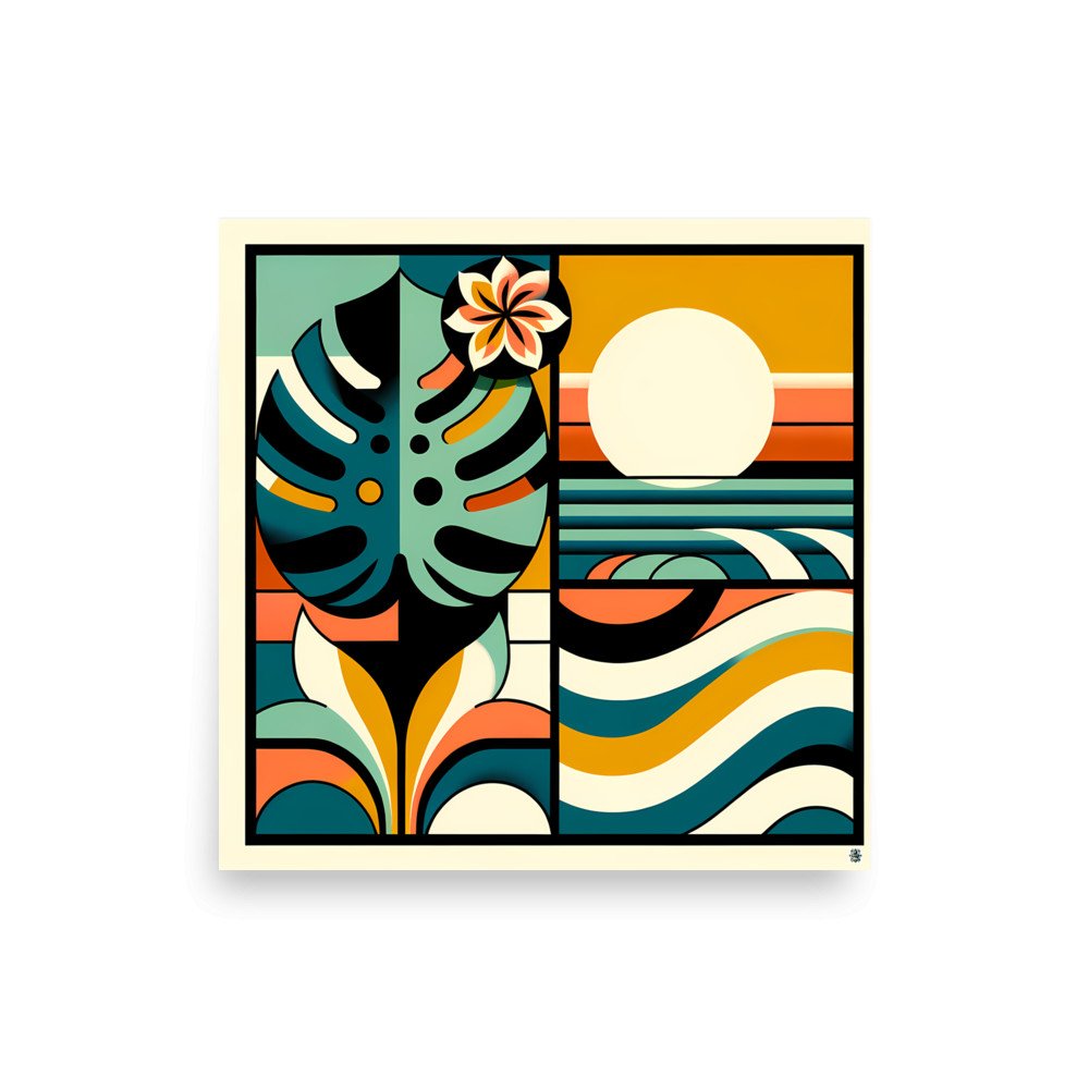 Abstract Monstera Leaf and Sun Geometric Waves