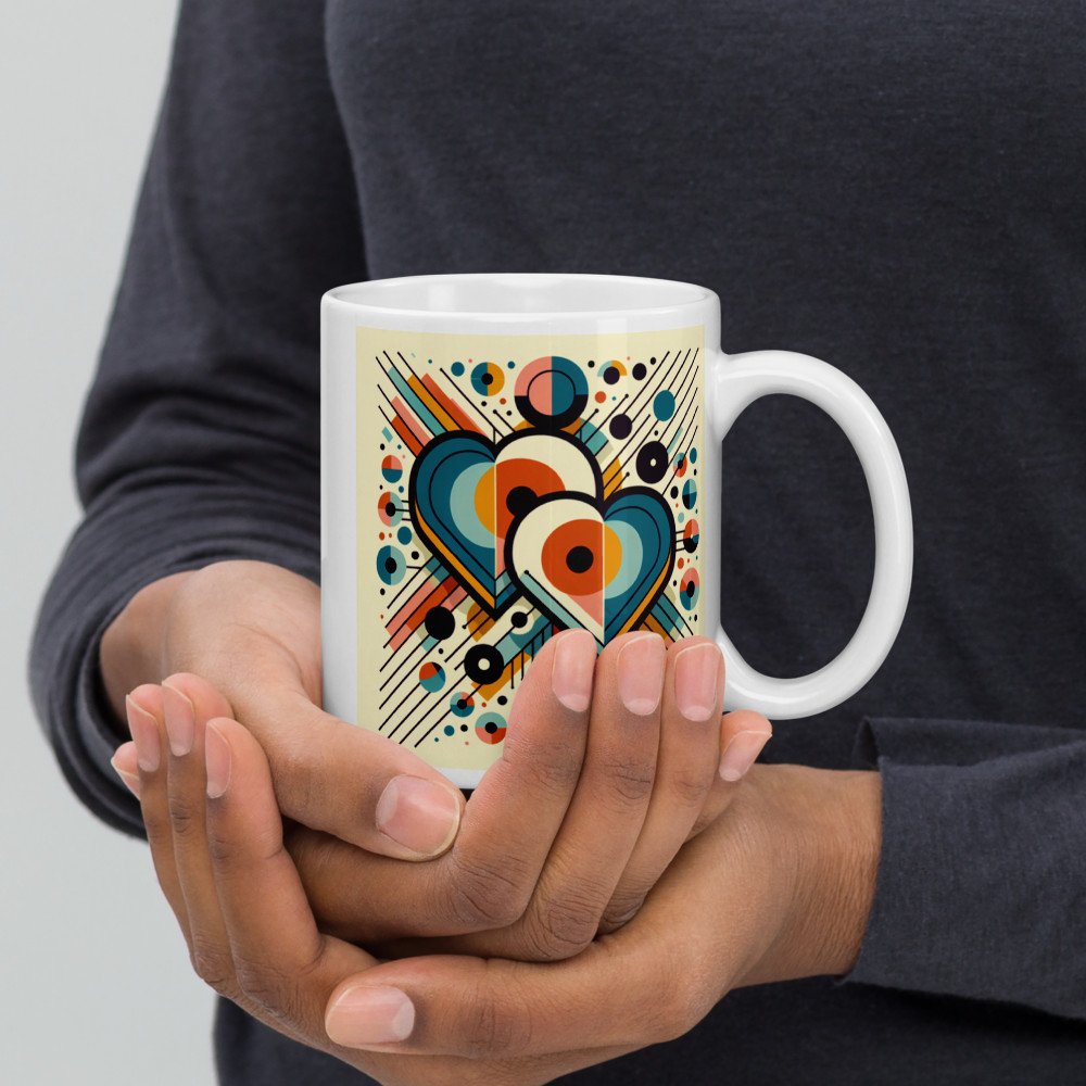 Geometric Heart Duo with Retro Circles and Lines — Mug