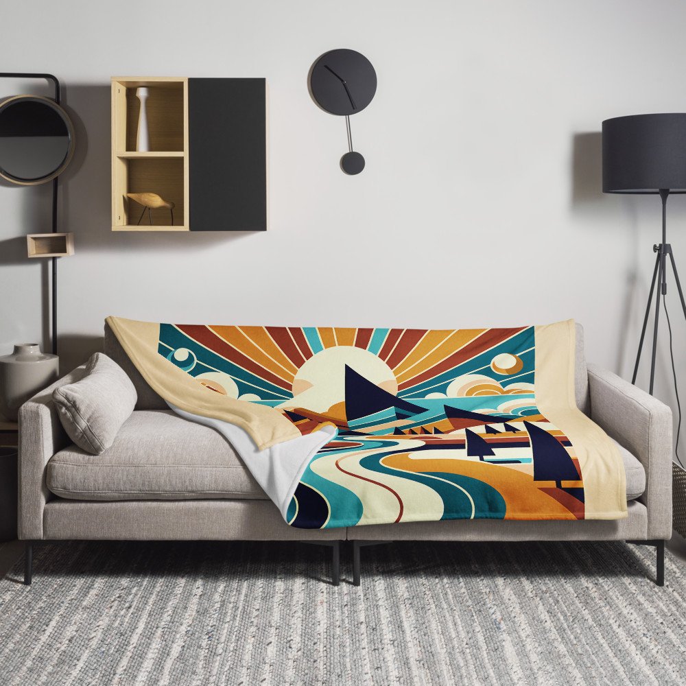 Geometric Mountain Peaks with River and Sunburst