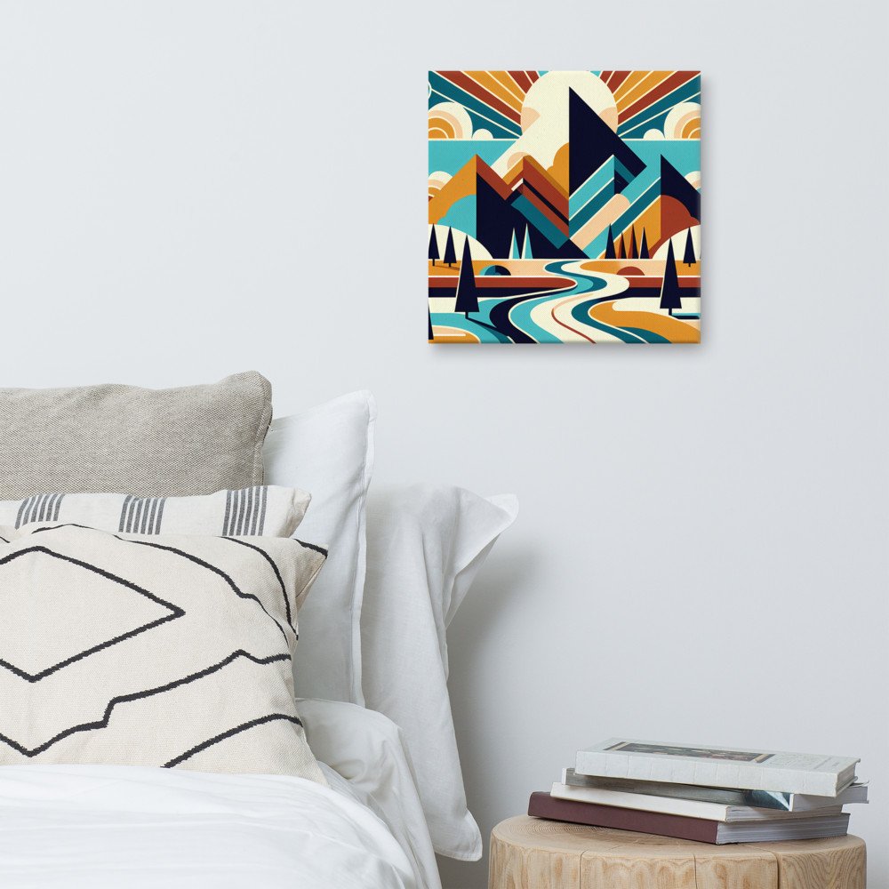 Geometric Mountain Peaks with River and Sunburst