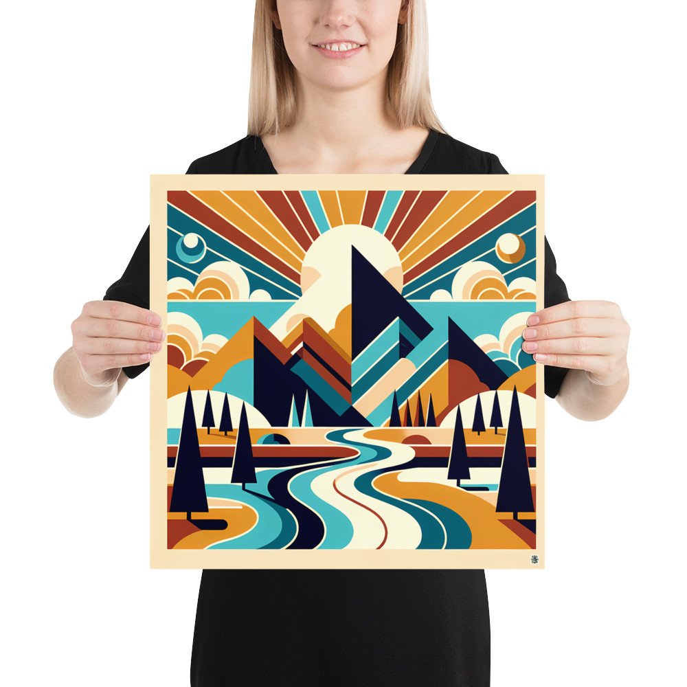 Geometric Mountain Peaks with River and Sunburst