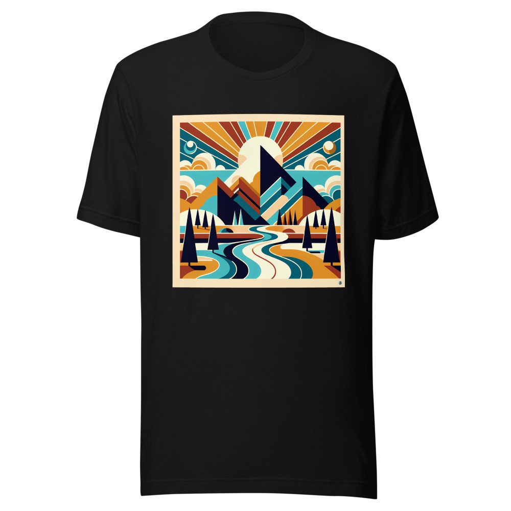 Geometric Mountain Peaks with River and Sunburst