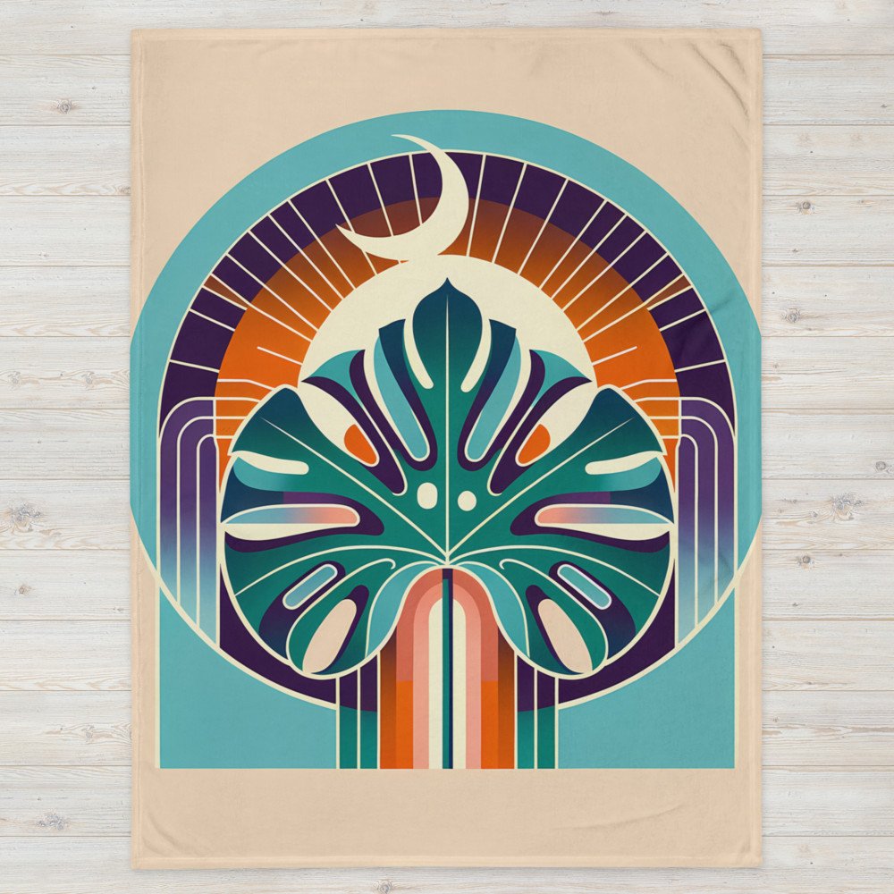 Geometric Monstera Leaf with Crescent Moon