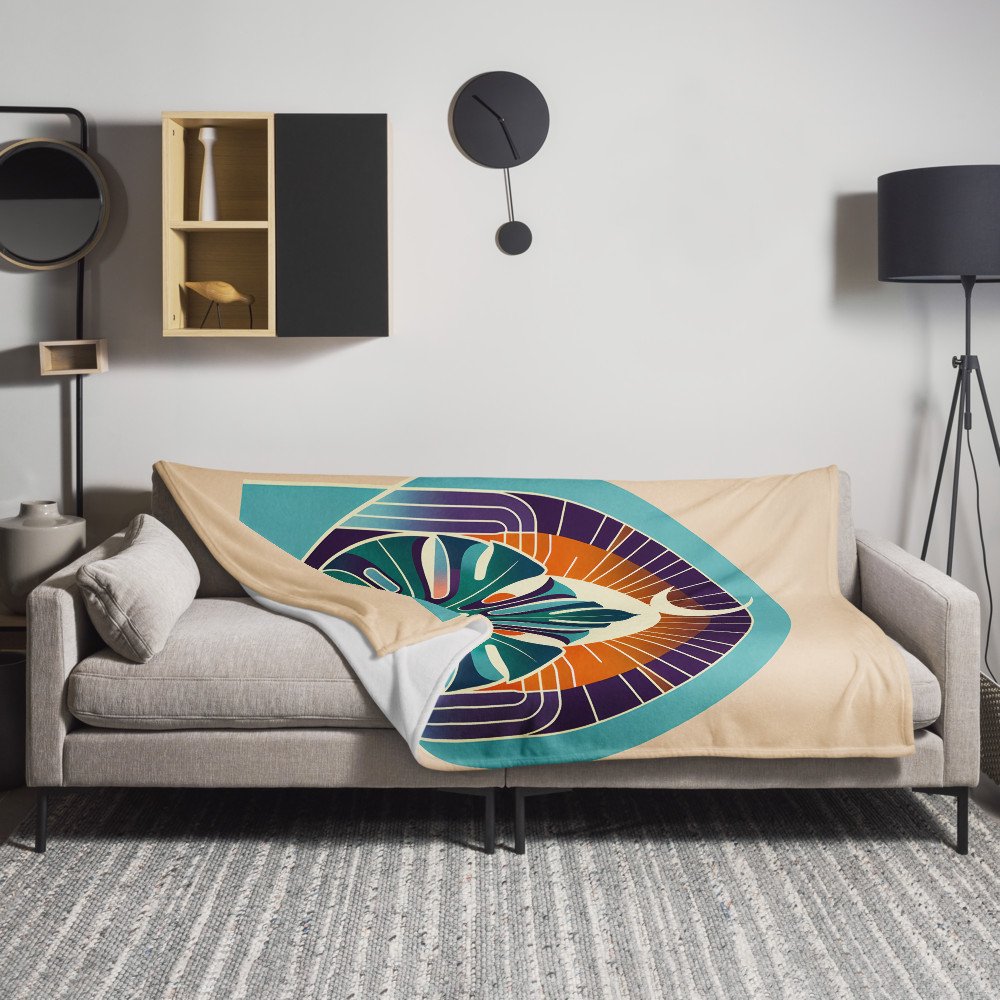 Geometric Monstera Leaf with Crescent Moon — Throw Blanket