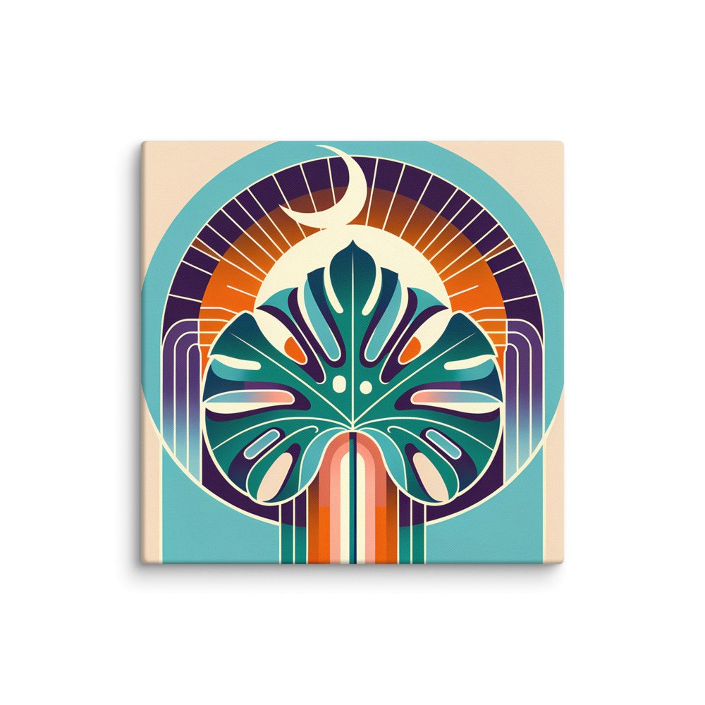 Geometric Monstera Leaf with Crescent Moon