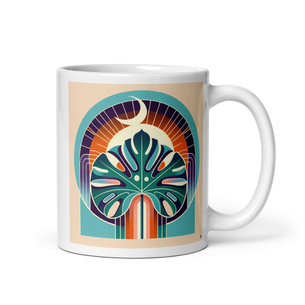 Geometric Monstera Leaf with Crescent Moon