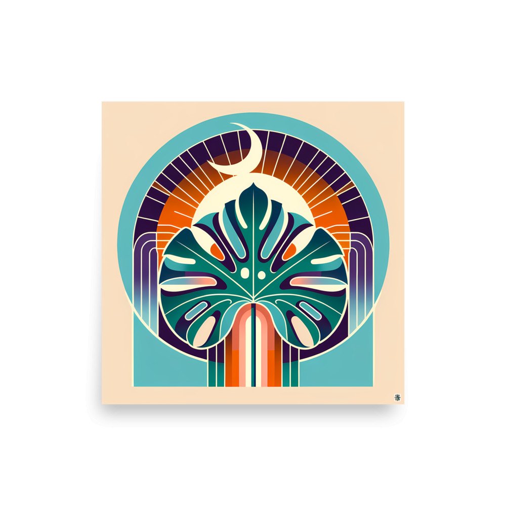 Geometric Monstera Leaf with Crescent Moon