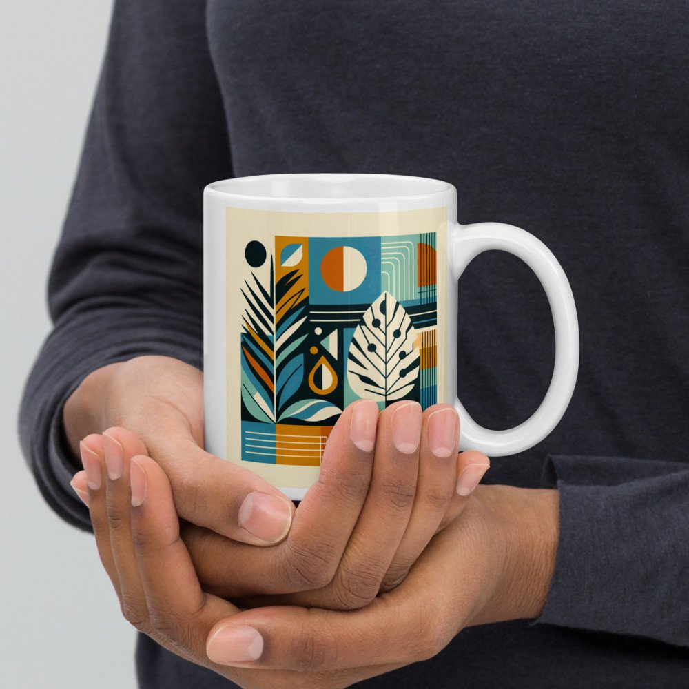 Geometric Botanical Leaves in Teal and Ochre — Mug