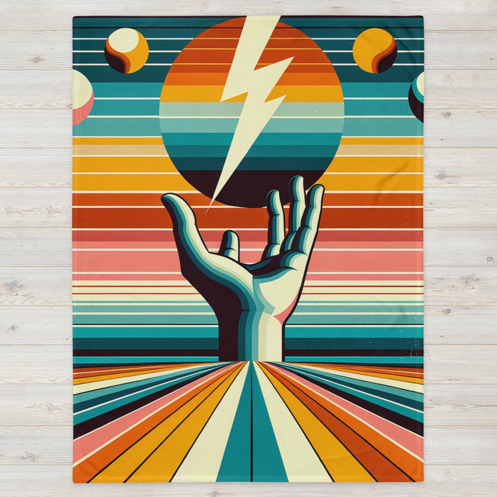 Retro Lightning Bolt Over Hand and Striped Sun