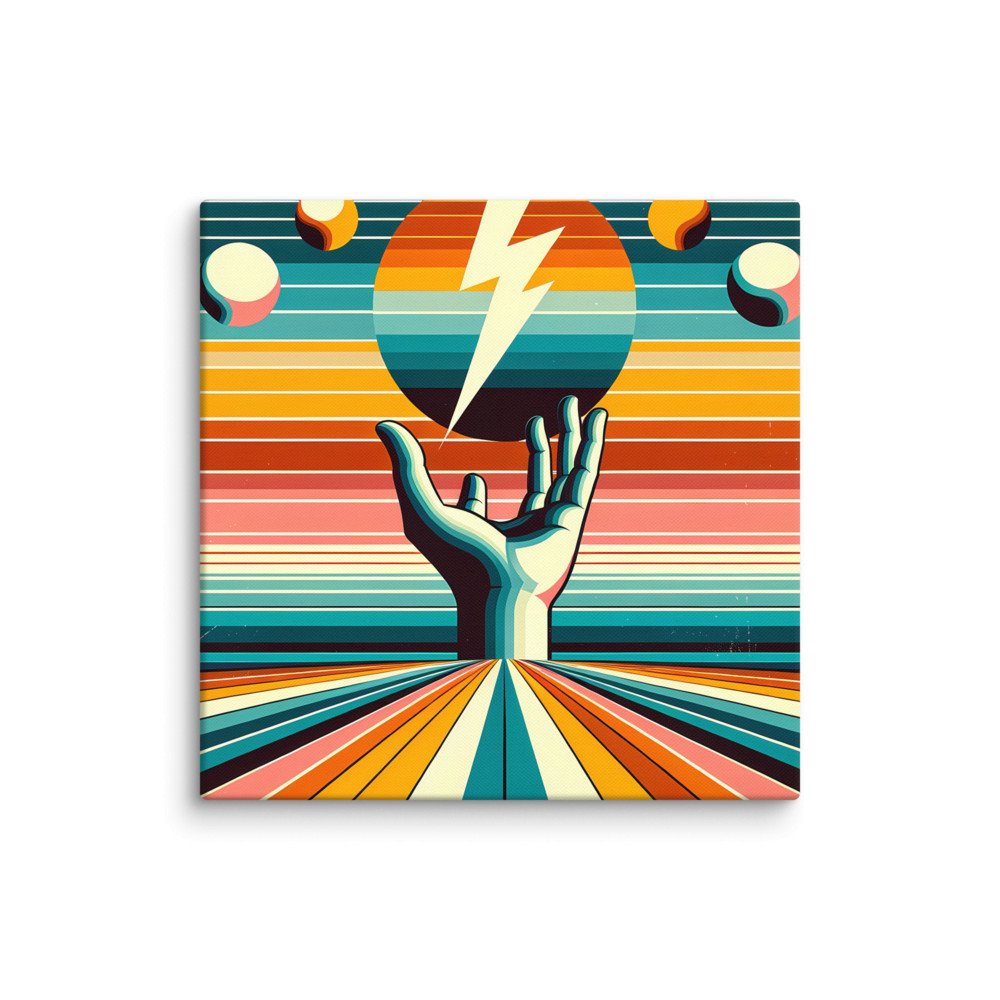 Retro Lightning Bolt Over Hand and Striped Sun