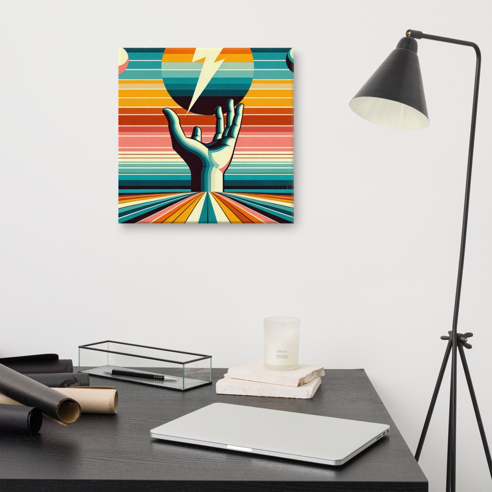 Retro Lightning Bolt Over Hand and Striped Sun