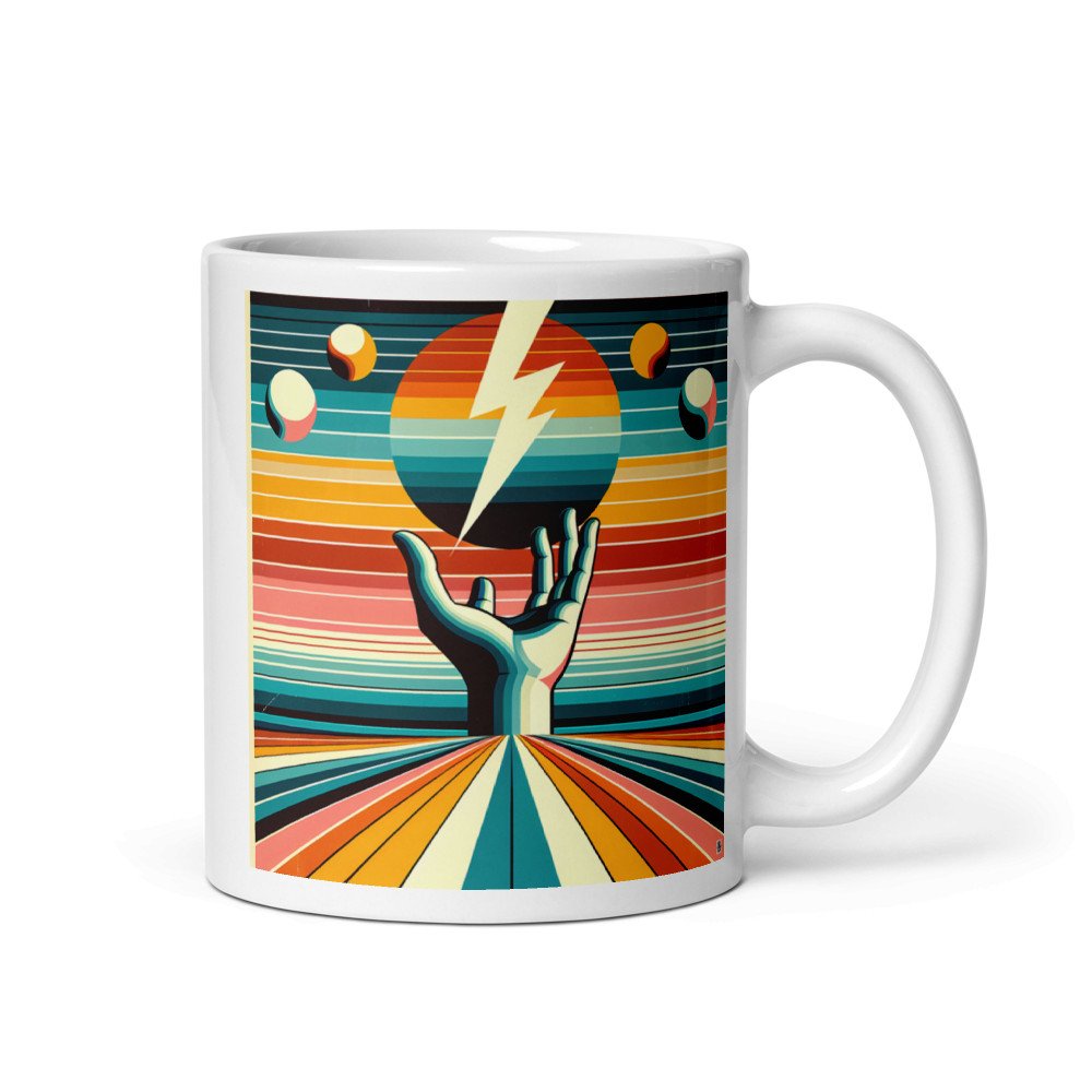 Retro Lightning Bolt Over Hand and Striped Sun