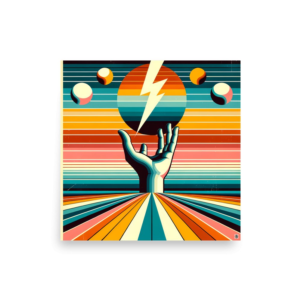 Retro Lightning Bolt Over Hand and Striped Sun