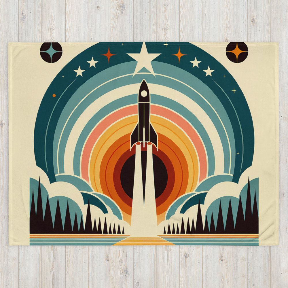 Retro Rocket Launch Geometric Space Scene
