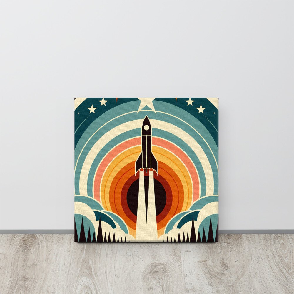 Retro Rocket Launch Geometric Space Scene