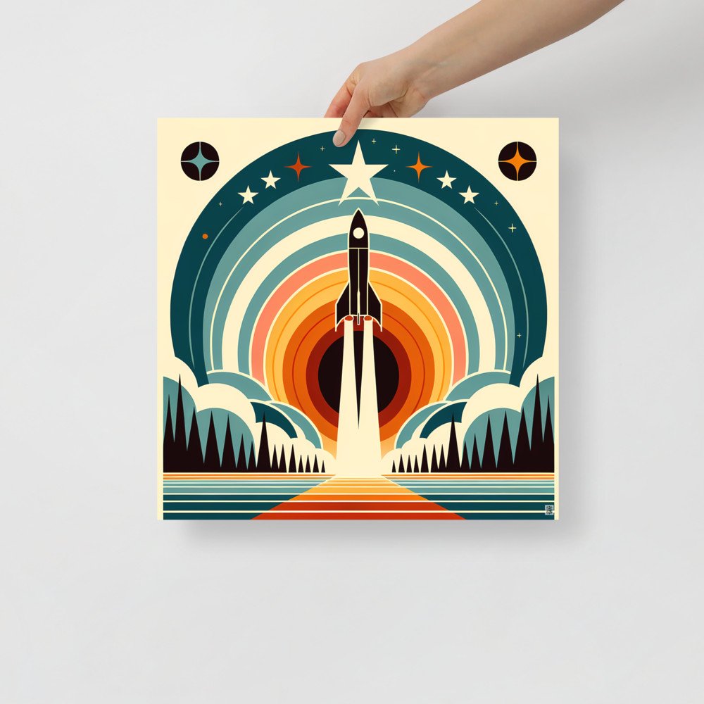 Retro Rocket Launch Geometric Space Scene